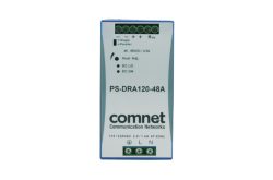 Ein Schaltnetzteil mit der Aufschrift "comnet Communication Networks PS-DRA120-48A", das technische Spezifikationen und Anschlüsse für elektrische Verbindungen zeigt.