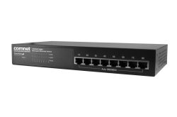 Ein schwarzer, verwalteter Ethernet-Switch von Comnet mit acht Ethernet-Ports auf der Vorderseite.