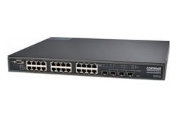 Ein schwarzer Netzwerk-Switch mit mehreren Ethernet-Ports auf der Vorderseite.