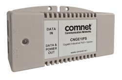 Ein grauer Gigabit Industrial PoE+ Injector von Comnet mit Beschriftung „CNGE1IPS“ und Anschlüssen für „DATA IN“ und „DATA & POWER OUT“.
