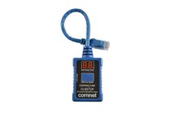 Ein blauer IP-Kamera und PoE-Tester mit LED-Anzeige und Ethernet-Anschlusskabel.