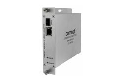 Ein silberner Multiraten-Mediakonverter der Marke ComNet, Modell CNMCSFP.