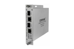Ein weißer Dual-Multi-Rate-Media-Konverter von Comnet mit zwei Ethernet-Ports, beschriftet mit "Link A" und "Link B".