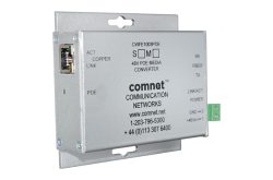 Metallisches Gehäuse eines 48V-POE-Medienkonverters mit Netzwerkschnittstellen und Beschriftungen für COMNET Communication Networks.