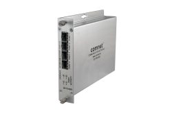 Ein silbernes Netzwerkgerät mit dem Logo von "comnet", vier Ethernet-Ports und LED-Anzeigen, beschriftet als "CNGFE4US 10/100/1000 4 PORT SWITCH".