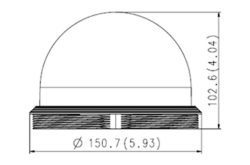 Zeichnung einer Halbkugel auf einem rechteckigen Sockel mit Maßen: Durchmesser 150,7 mm (5,93 Zoll), Höhe 102,6 mm (4,04 Zoll).