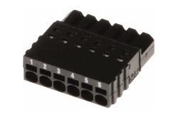 Schwarzer sechsfacher Stecker mit nummerierten Löchern von 1 bis 6.