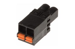 Schwarzer elektrischer Steckverbinder mit zwei Steckplätzen, orangefarbene Klemmen.