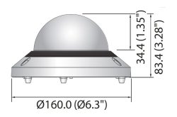 Illustration einer kuppelförmigen Struktur mit technischen Maßen: Höhe 83,4 mm (3,28 Zoll), Breite 160 mm (6,3 Zoll).