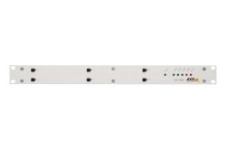 Ein weißes elektronisches Gerät mit mehreren Anschlüssen und Anzeigelampen auf der Vorderseite, mit der Aufschrift "AXIS" in der unteren rechten Ecke.