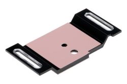 Kühlkörperbefestigung aus Metall mit rechteckiger Form, zwei ovalen Befestigungslöchern und einer zentralen Öffnung.