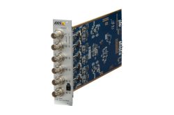Elektronische Leiterkarte mit mehreren BNC-Anschlüssen von Axis Communications, beschriftet als "AXIS T8646 POE+ over Coax Blade".
