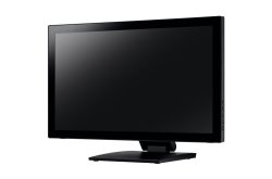 Ein schwarzer, moderner Computermonitor auf einem Standfuß mit einem dunklen Bildschirm.