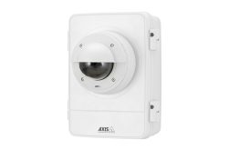 Weiße Überwachungskamera mit Kuppeldesign und transparentem Gehäuse von Axis Communications.