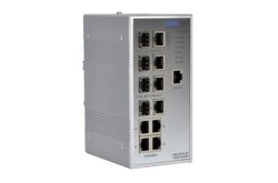 Ein industrieller Netzwerk-Switch mit mehreren Ethernet- und Glasfaser-Ports.