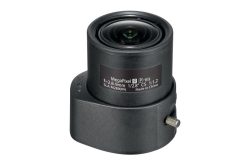 Ein schwarzes Kameraobjektiv mit Megapixel, P-Iris und IR-Funktionen, Brennweite 2,8-9 mm, auf weißem Hintergrund.