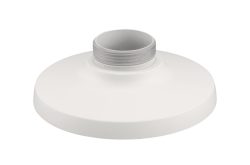 Ein weißer kreisförmiger Adapter oder Sockel mit einem mittigen gewindeten Anschluss.