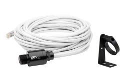 Ein weißes Kabel mit einem schwarzen, zylindrischen Anschlussteil und einem Metallhalterungsclip.