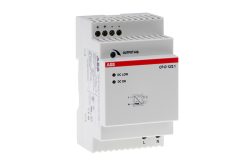 Ein weißes elektronisches Gerät mit der Aufschrift "ABB" und Modellnummer "CP-D 12/2.1". Es hat mehrere Anschlussklemmen und Anzeigen für "DC LOW" und "DC ON".