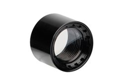 Ein schwarzes, zylindrisches Kameraobjektiv mit Glaslinse.