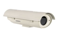 Eine beige Überwachungskamera mit Bosch-Logo und schützendem Gehäuse.