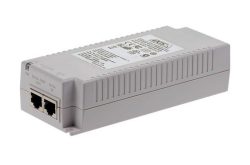 Ein graues PoE-Injektor-Gerät mit zwei Ethernet-Ports, auf dem Gehäuse sind technische Informationen aufgedruckt.