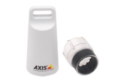 Weißes Kunststoffteil mit "AXIS Communications"-Logo und einem separaten zylinderförmigen Bauteil daneben.