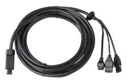 Ein schwarzes Kabel mit einem Stecker auf einer Seite und mehreren kleineren Anschlüssen auf der anderen Seite.
