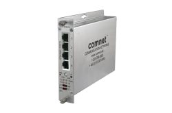 Ein silbernes Netzwerkgerät von ComNet mit mehreren Ethernet-Ports und Beschriftungen auf der Oberfläche.