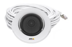 Kamera mit weißem Gehäuse und langem, aufgewickeltem Kabel mit Ethernet-Stecker.