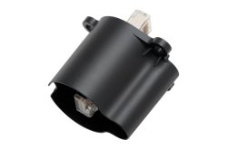 Schwarzes zylindrisches Bauteil mit integriertem RJ45-Stecker.
