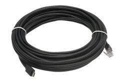 Schwarzes Ethernet-Kabel, aufgerollt und mit weißen Bändern gesichert.