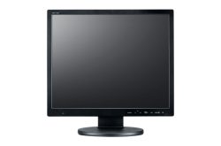 Ein schwarzer Computerbildschirm mit einem rechteckigen Bildschirm und einem runden Standfuß.