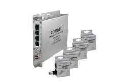 Ein Netzwerkgerät von ComNet mit vier Ethernet-Ports, neben fünf kleineren Verpackungseinheiten der Marke.