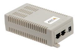 Ein beiger Netzwerkadapter von Axis Communications mit zwei Ethernet-Ports und einem Stromanschluss.