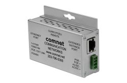 Ein silbernes Kommunikationsgerät von Comnet mit Ethernet-Anschlüssen, Modell CLRFE1POEU.