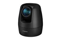 Schwarze Canon-Kamera mit Zoomobjektiv in Nahaufnahme.