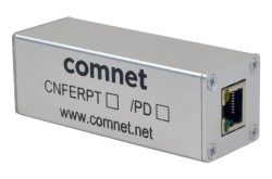 Ein rechteckiges, silbernes Netzwerkgerät von Comnet mit der Aufschrift "CNFERPT /PD" und einer Ethernet-Anschlussbuchse.