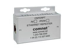 Ein silberfarbener Ethernet-Repeater von comnet mit den Anschlüssen P1 und P2 und Kontaktinformationen auf der Vorderseite.