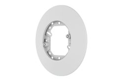 Ein weißer, runder Adapterring mit zentraler Öffnung und Löchern zur Befestigung.