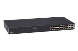 Ein schwarzer Netzwerk-Switch mit mehreren Ethernet-Ports auf der Vorderseite.