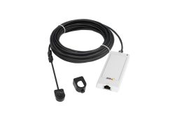 Ein modulares Kamerasystem mit einem langen schwarzen Kabel, einer schwarzen Linse und einem weißen Anschlussmodul mit Ethernet-Anschluss.