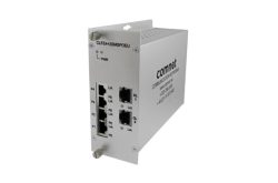 Ein weißes elektrisches Netzwerkgerät von Comnet mit mehreren Ethernet-Anschlüssen.