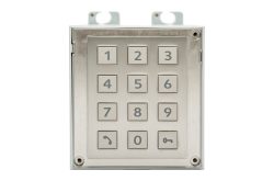 Ein Metall-Tastenfeld mit zwölf Tasten, nummeriert von 0 bis 9, sowie zwei Symboltasten für Anruf und Schlüssel.