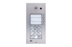 Intercom-Gerät aus Metall mit Kamera, Klingelknöpfen und Tastenpad.