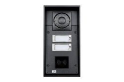 Ein elektronisches Türsprechanlagen-Modul in Schwarz mit Kamera, zwei Tasten und RFID-Leser.