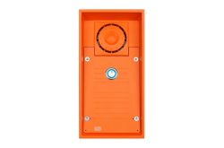 Ein orangefarbenes Zugangskontrollgerät mit Knopf und Lautsprecher.