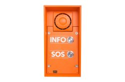 Orange Notruf- und Infostation mit Kamera und zwei Knöpfen, beschriftet mit "INFO" und "SOS".