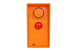 Ein orangefarbenes Kommunikationsgerät mit einem großen roten Knopf und einem Lautsprecher.