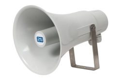 Weißer Lautsprecher mit Metallhalterung, auf der Vorderseite ist das Logo "2N" sichtbar.